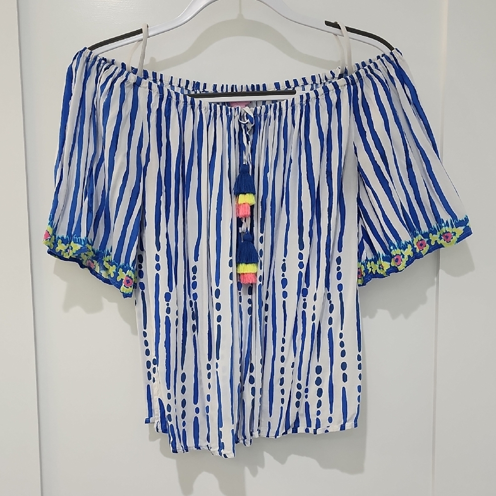 Lilly Pulitzer Blue and White Striped Off-Shoulder Top